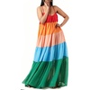 image:imagechouyatou Womens Rainbow Printed Sleeveless Dress Summer Beach Striped Tiered Spaghetti Strap Maxi DressRainbow