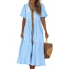 image:imagechouyatou Womens Summer Boho Deep V Neck Cotton Linen Dress Tiered Short Sleeve Swing Beach Midi DressBlue