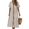 image:imagechouyatou Womens Summer Boho Deep V Neck Cotton Linen Dress Tiered Short Sleeve Swing Beach Midi DressKhaki