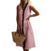 image:imagechouyatou Womens Summer Cotton Linen Tank Dress Sleeveless Ruffle Trim Beach Midi Sundress with PocketsPink