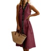image:imagechouyatou Womens Summer Cotton Linen Tank Dress Sleeveless Ruffle Trim Beach Midi Sundress with PocketsRed