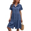 image:imagechouyatou Womens Summer Short Sleeve Button Down Denim Shirt Dress Lapel Ruffle Hem Babydoll Jean Midi DressDark Blue