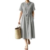 image:imagechouyatou Womens Summer Short Sleeve Cotton Dress Crew Neck Flare Striped Midi Shirt Dress with PocketsBlack White
