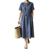 image:imagechouyatou Womens Summer Short Sleeve Cotton Dress Crew Neck Flare Striped Midi Shirt Dress with PocketsDark Blue