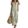 image:imagechouyatou Womens Summer Striped Cotton Linen Dress Beach Boho Sleeveless Ruffle Trim Maxi Long SundressGreen