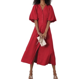 image:imagechouyatou Women Summer Puff Sleeve Button Down Shirt Dress Flowy Elegant Business Casual Midi Long DressRed
