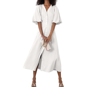 image:imagechouyatou Women Summer Puff Sleeve Button Down Shirt Dress Flowy Elegant Business Casual Midi Long DressWhite