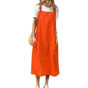 image:imagechouyatou Womens Baggy Cotton Overall Dress Summer ALine Midi Long Tunic Dress with PocketsOrange