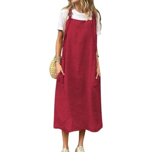 image:imagechouyatou Womens Baggy Cotton Overall Dress Summer ALine Midi Long Tunic Dress with PocketsRed