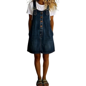 image:imagechouyatou Womens Denim Overall Dress Jean Mini Pinafore Adjustable Straps Jumper Dress With PocketsDark Blue