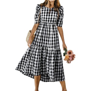 image:imagechouyatou Womens Puff Short Sleeve Gingham Midi Long Dress Retro Plaid Ruffle Tiered Dress Boho High Low Party DressesBlack