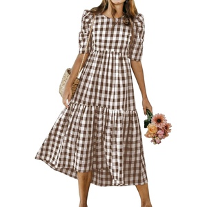 image:imagechouyatou Womens Puff Short Sleeve Gingham Midi Long Dress Retro Plaid Ruffle Tiered Dress Boho High Low Party DressesCoffee