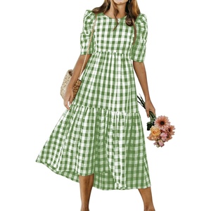 image:imagechouyatou Womens Puff Short Sleeve Gingham Midi Long Dress Retro Plaid Ruffle Tiered Dress Boho High Low Party DressesGreen