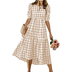 image:imagechouyatou Womens Puff Short Sleeve Gingham Midi Long Dress Retro Plaid Ruffle Tiered Dress Boho High Low Party DressesKhaki