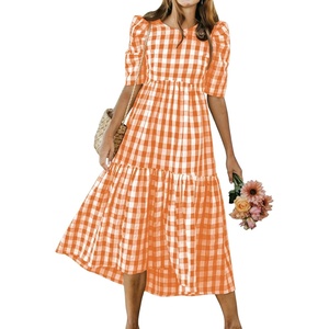 image:imagechouyatou Womens Puff Short Sleeve Gingham Midi Long Dress Retro Plaid Ruffle Tiered Dress Boho High Low Party DressesOrange