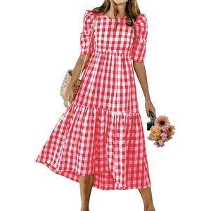 image:imagechouyatou Womens Puff Short Sleeve Gingham Midi Long Dress Retro Plaid Ruffle Tiered Dress Boho High Low Party DressesRed