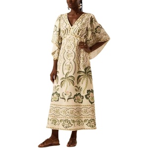 image:imagechouyatou Womens Sexy V Neck Floral Print Maxi Dress Flare Short Sleeve Beach Vacation Mexican Long DressApricot