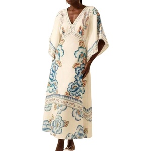image:imagechouyatou Womens Sexy V Neck Floral Print Maxi Dress Flare Short Sleeve Beach Vacation Mexican Long DressBlue