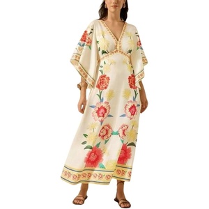 image:imagechouyatou Womens Sexy V Neck Floral Print Maxi Dress Flare Short Sleeve Beach Vacation Mexican Long DressRed
