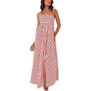 image:imagechouyatou Womens Striped Back Smocked Maxi Dress Sexy Spaghetti Strap Ruffle Hem Bohemian Flowy Swing Long DressRed