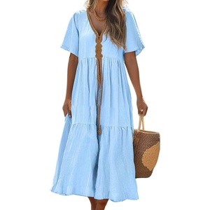 image:imagechouyatou Womens Summer Boho Deep V Neck Cotton Linen Dress Tiered Short Sleeve Swing Beach Midi DressBlue