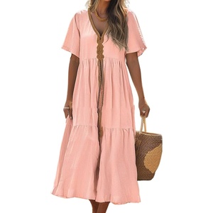 image:imagechouyatou Womens Summer Boho Deep V Neck Cotton Linen Dress Tiered Short Sleeve Swing Beach Midi DressPink
