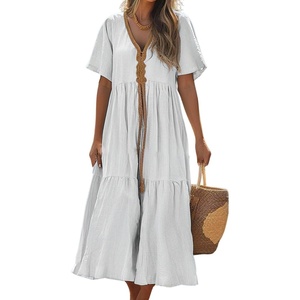 image:imagechouyatou Womens Summer Boho Deep V Neck Cotton Linen Dress Tiered Short Sleeve Swing Beach Midi DressWhite