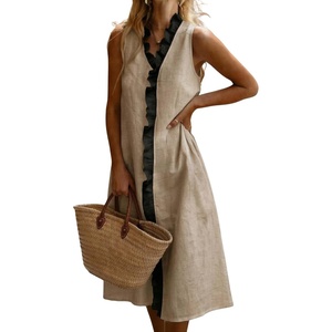 image:imagechouyatou Womens Summer Cotton Linen Tank Dress Sleeveless Ruffle Trim Beach Midi Sundress with PocketsKhaki