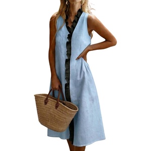 image:imagechouyatou Womens Summer Cotton Linen Tank Dress Sleeveless Ruffle Trim Beach Midi Sundress with PocketsLight Blue