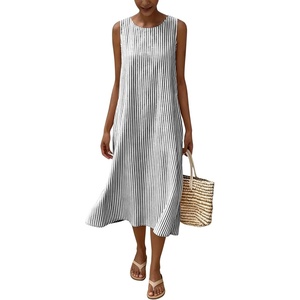 image:imagechouyatou Womens Summer Cotton Striped Midi Long Dress Boho Loose Fit Beach Party Tank Sun Dress with PocketsBlack
