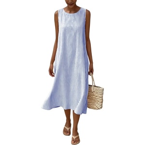 image:imagechouyatou Womens Summer Cotton Striped Midi Long Dress Boho Loose Fit Beach Party Tank Sun Dress with PocketsBlue