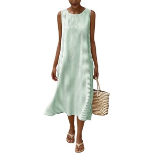 image:imagechouyatou Womens Summer Cotton Striped Midi Long Dress Boho Loose Fit Beach Party Tank Sun Dress with PocketsGreen
