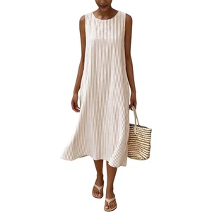 image:imagechouyatou Womens Summer Cotton Striped Midi Long Dress Boho Loose Fit Beach Party Tank Sun Dress with PocketsKhaki