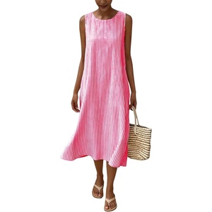 image:imagechouyatou Womens Summer Cotton Striped Midi Long Dress Boho Loose Fit Beach Party Tank Sun Dress with PocketsRed