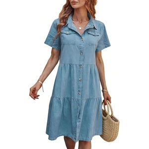 image:imagechouyatou Womens Summer Short Sleeve Button Down Denim Shirt Dress Lapel Ruffle Hem Babydoll Jean Midi DressBlue