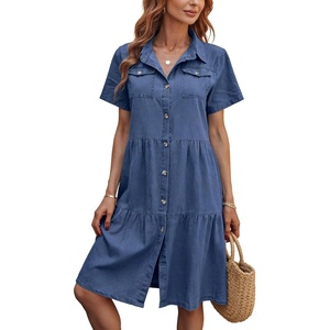 image:imagechouyatou Womens Summer Short Sleeve Button Down Denim Shirt Dress Lapel Ruffle Hem Babydoll Jean Midi DressDark Blue