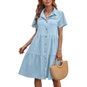 image:imagechouyatou Womens Summer Short Sleeve Button Down Denim Shirt Dress Lapel Ruffle Hem Babydoll Jean Midi DressLight Blue