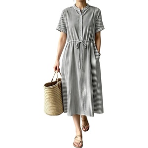 image:imagechouyatou Womens Summer Short Sleeve Cotton Dress Crew Neck Flare Striped Midi Shirt Dress with PocketsBlack White