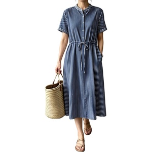 image:imagechouyatou Womens Summer Short Sleeve Cotton Dress Crew Neck Flare Striped Midi Shirt Dress with PocketsDark Blue