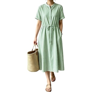 image:imagechouyatou Womens Summer Short Sleeve Cotton Dress Crew Neck Flare Striped Midi Shirt Dress with PocketsGreen