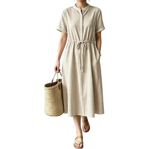 image:imagechouyatou Womens Summer Short Sleeve Cotton Dress Crew Neck Flare Striped Midi Shirt Dress with PocketsKhaki