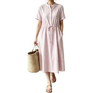 image:imagechouyatou Womens Summer Short Sleeve Cotton Dress Crew Neck Flare Striped Midi Shirt Dress with PocketsPink