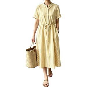 image:imagechouyatou Womens Summer Short Sleeve Cotton Dress Crew Neck Flare Striped Midi Shirt Dress with PocketsYellow