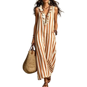 image:imagechouyatou Womens Summer Striped Cotton Linen Dress Beach Boho Sleeveless Ruffle Trim Maxi Long SundressOrange