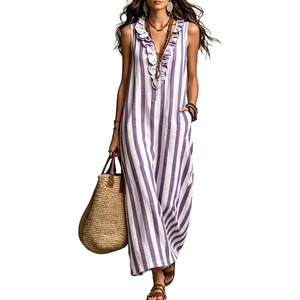 image:imagechouyatou Womens Summer Striped Cotton Linen Dress Beach Boho Sleeveless Ruffle Trim Maxi Long SundressPurple
