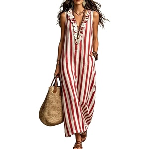 image:imagechouyatou Womens Summer Striped Cotton Linen Dress Beach Boho Sleeveless Ruffle Trim Maxi Long SundressRed
