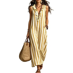 image:imagechouyatou Womens Summer Striped Cotton Linen Dress Beach Boho Sleeveless Ruffle Trim Maxi Long SundressYellow