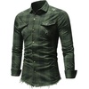 image:imagechouyatou Mens Distressed Style Frayed Raw Hen Casual Plaid ButtonDown ShirtArmy Green