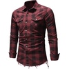 image:imagechouyatou Mens Distressed Style Frayed Raw Hen Casual Plaid ButtonDown ShirtRed