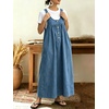 image:imagechouyatou Womens Pullover Denim Overall Dress Mid Long Button Front Pinafore Bib Jean Dress With PocketsBlue